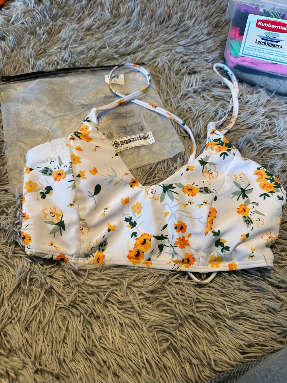 SHEIN White Floral Yellow Orange Bikini Top